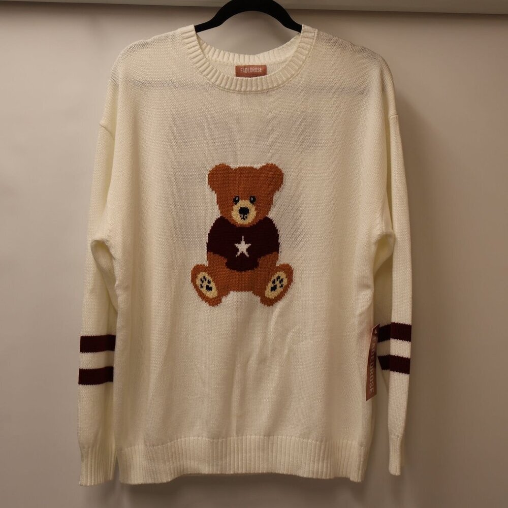 Fadedrose Oversized Knit Sweater With Bear Design & Number 75 Back Print - Size